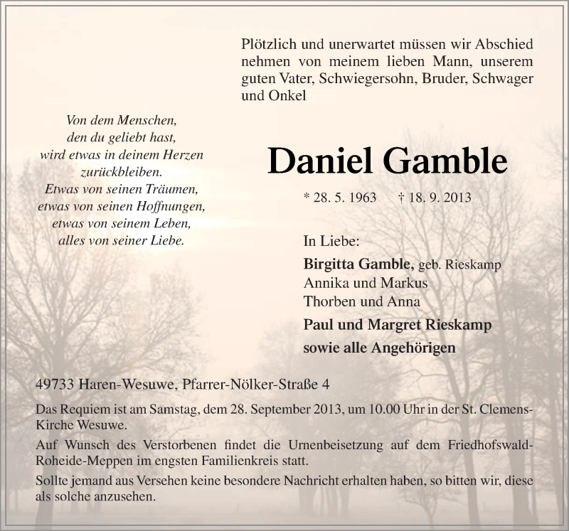  Traueranzeige für Daniel Gamble vom 25.09.2013 aus Neue Osnabrücker Zeitung GmbH & Co. KG