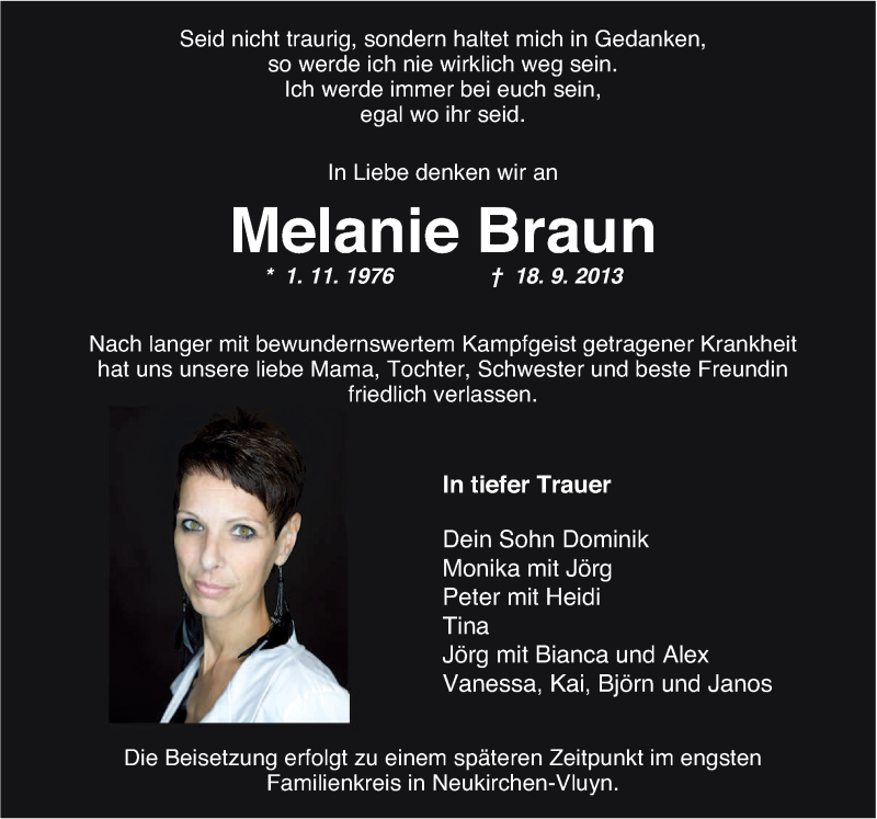  Traueranzeige für Melanie Braun vom 21.09.2013 aus Neue Osnabrücker Zeitung GmbH & Co. KG