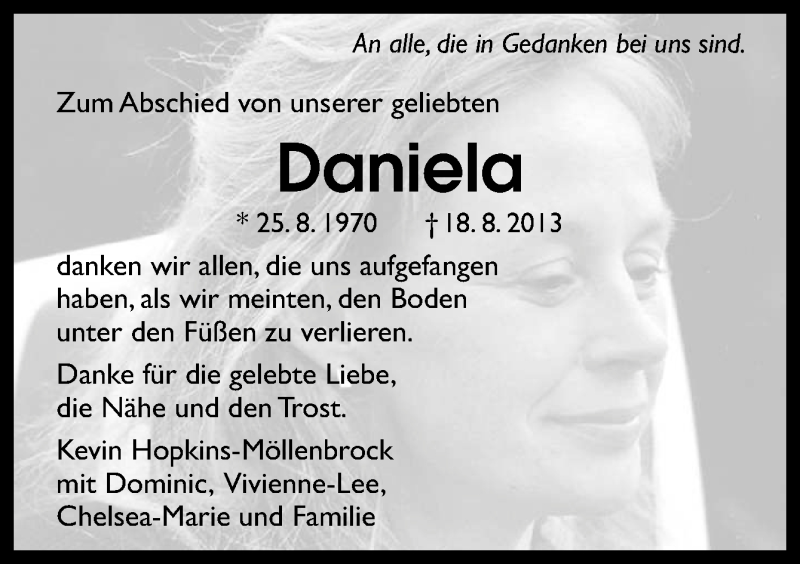  Traueranzeige für Daniela Möllenbrock vom 21.09.2013 aus Neue Osnabrücker Zeitung GmbH & Co. KG