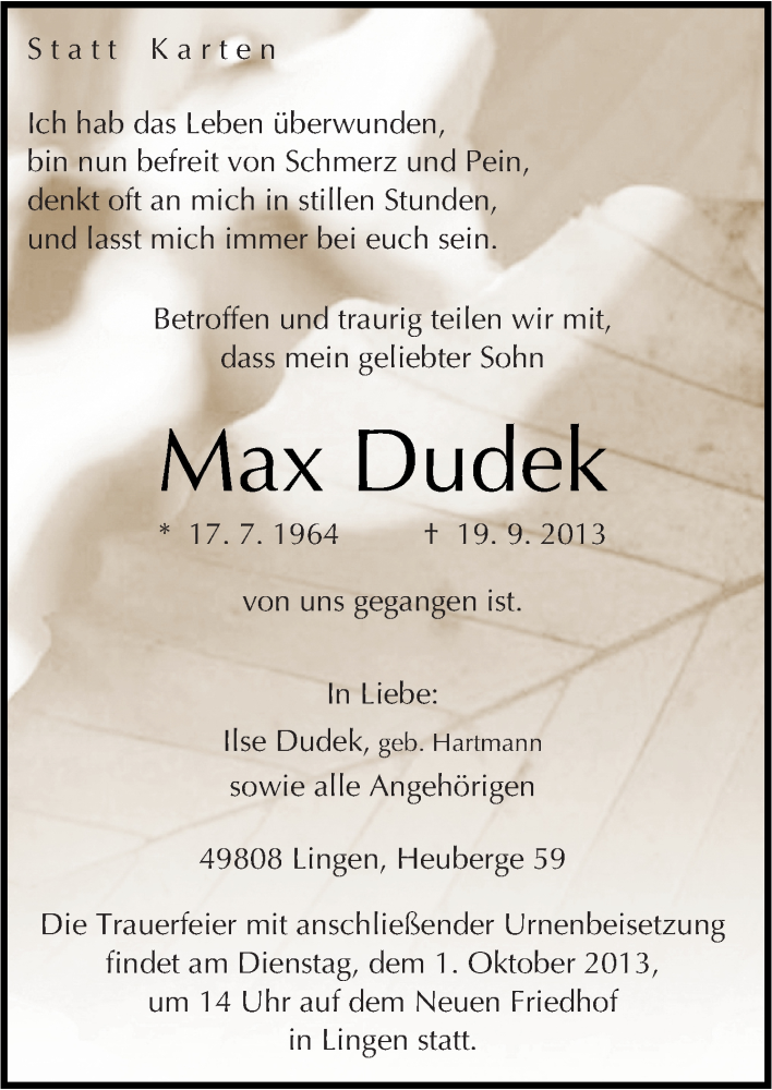  Traueranzeige für Max Dudek vom 24.09.2013 aus Neue Osnabrücker Zeitung GmbH & Co. KG