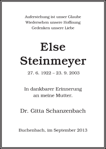 Traueranzeige von Else Steinmeyer von Neue Osnabrücker Zeitung GmbH & Co. KG