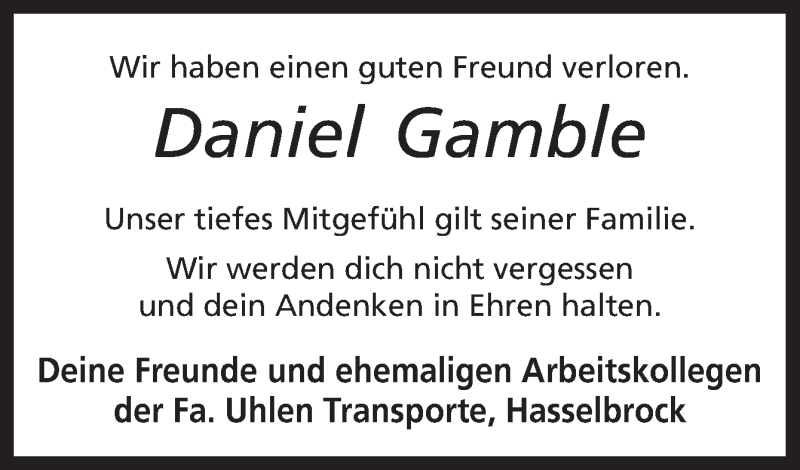  Traueranzeige für Daniel Gamble vom 23.09.2013 aus Neue Osnabrücker Zeitung GmbH & Co. KG