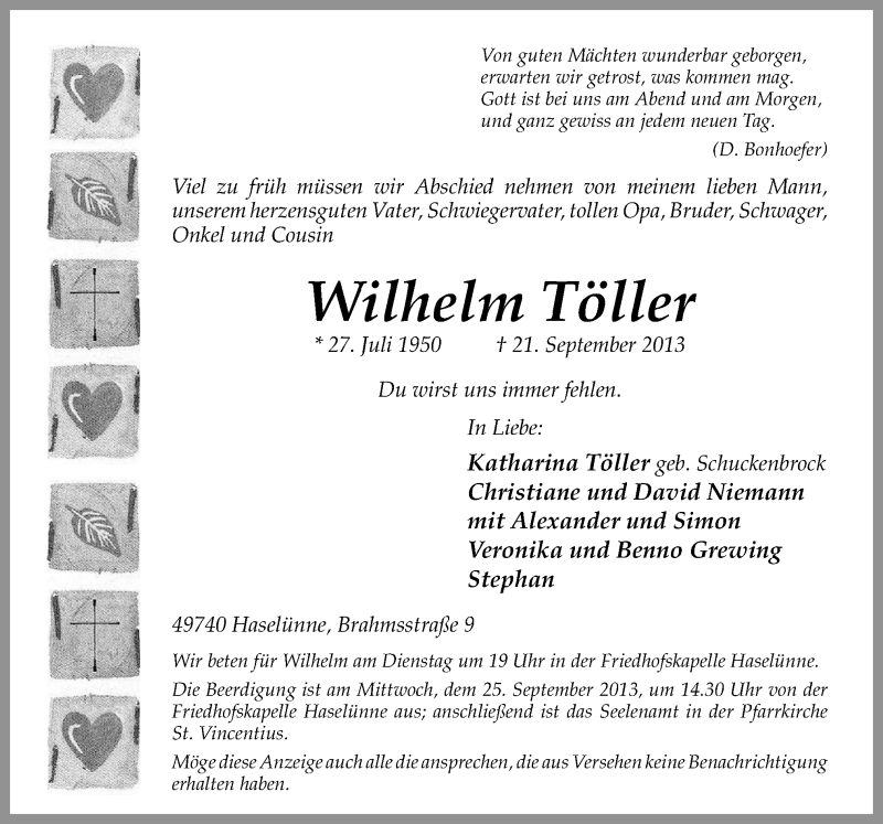  Traueranzeige für Wilhelm Töller vom 23.09.2013 aus Neue Osnabrücker Zeitung GmbH & Co. KG