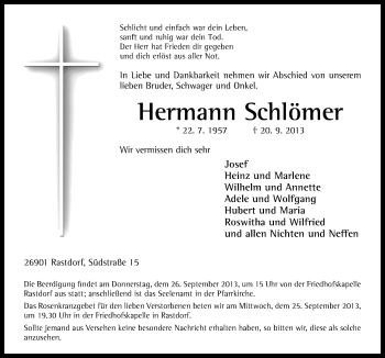 Traueranzeige von Hermann Schlömer von Neue Osnabrücker Zeitung GmbH & Co. KG