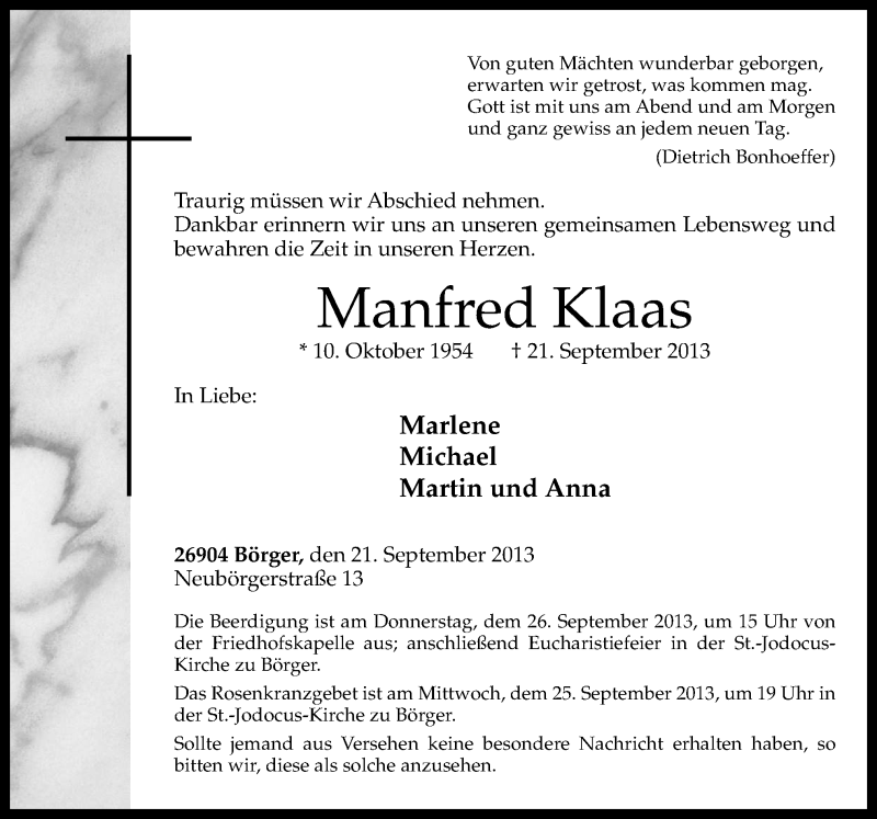  Traueranzeige für Manfred Klaas vom 23.09.2013 aus Neue Osnabrücker Zeitung GmbH & Co. KG
