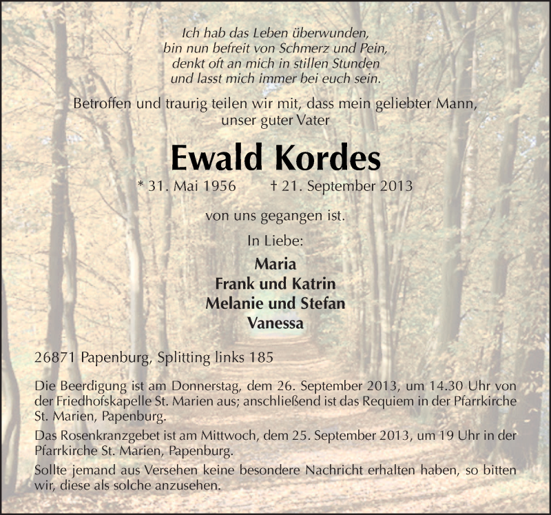  Traueranzeige für Ewald Kordes vom 24.09.2013 aus Neue Osnabrücker Zeitung GmbH & Co. KG