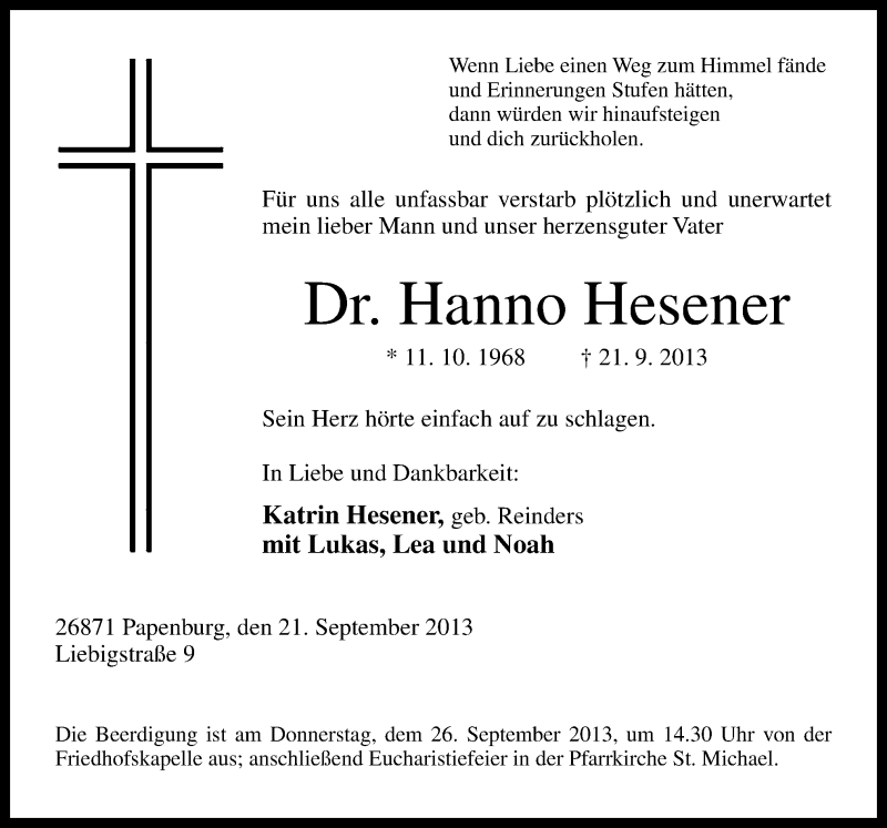  Traueranzeige für Hanno Hesener vom 24.09.2013 aus Neue Osnabrücker Zeitung GmbH & Co. KG