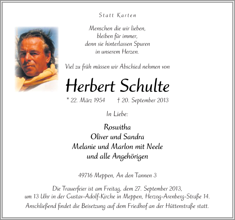  Traueranzeige für Herbert Schulte vom 24.09.2013 aus Neue Osnabrücker Zeitung GmbH & Co. KG