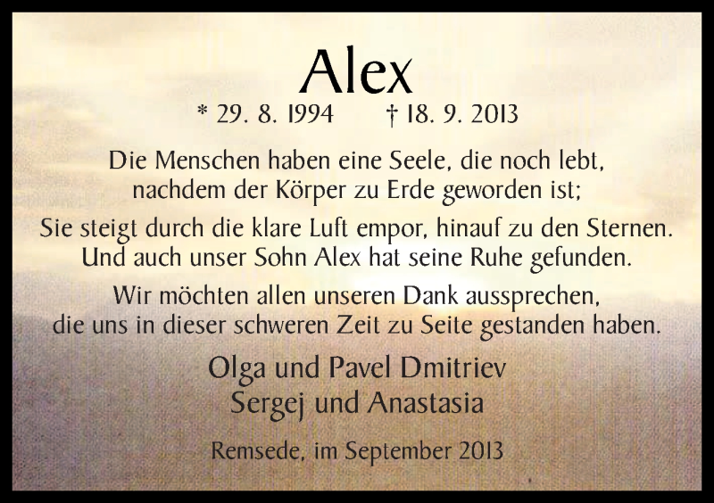  Traueranzeige für Alex  vom 28.09.2013 aus Neue Osnabrücker Zeitung GmbH & Co. KG