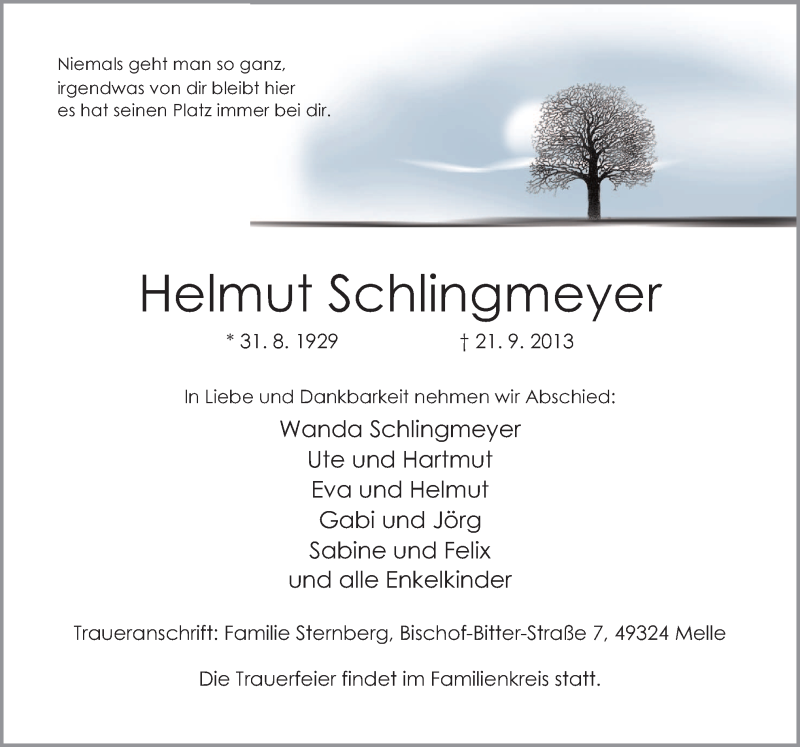  Traueranzeige für Helmut Schlingmeyer vom 25.09.2013 aus Neue Osnabrücker Zeitung GmbH & Co. KG
