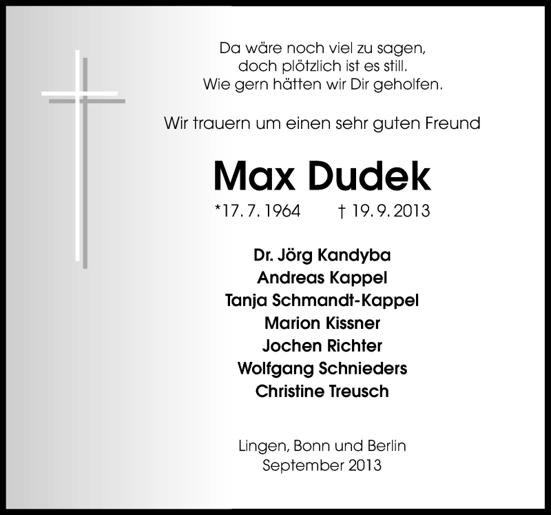  Traueranzeige für Max Dudek vom 24.09.2013 aus Neue Osnabrücker Zeitung GmbH & Co. KG
