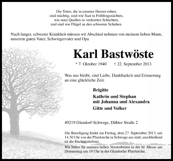 Traueranzeige von Karl Bastwöste von Neue Osnabrücker Zeitung GmbH & Co. KG