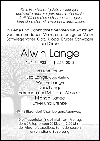 Traueranzeige von Alwin Lange von Neue Osnabrücker Zeitung GmbH & Co. KG