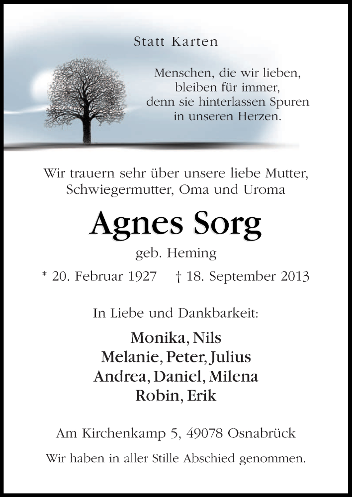  Traueranzeige für Agnes Sorg vom 25.09.2013 aus Neue Osnabrücker Zeitung GmbH & Co. KG