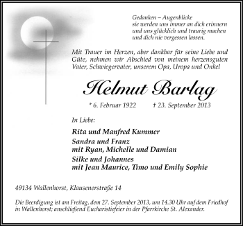 Traueranzeige von Helmut Barlag von Neue Osnabrücker Zeitung GmbH & Co. KG