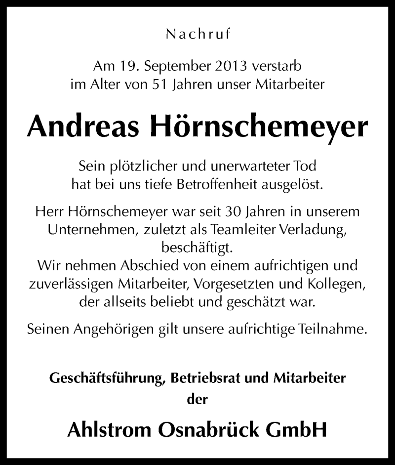  Traueranzeige für Andreas Hörnschemeyer vom 24.09.2013 aus Neue Osnabrücker Zeitung GmbH & Co. KG