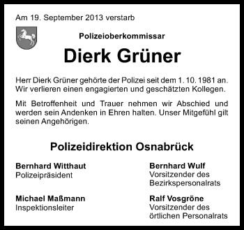 Traueranzeige von Dierk Grüner von Neue Osnabrücker Zeitung GmbH & Co. KG