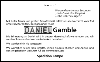 Traueranzeige von Daniel Gamble von Neue Osnabrücker Zeitung GmbH & Co. KG