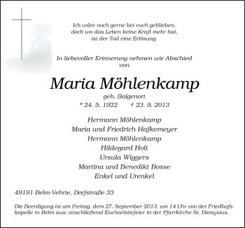 Traueranzeige von Maria Möhlenkamp von Neue Osnabrücker Zeitung GmbH & Co. KG