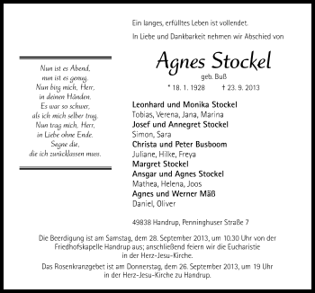 Traueranzeige von Agnes Stockel von Neue Osnabrücker Zeitung GmbH & Co. KG