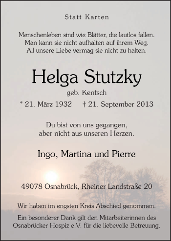 Traueranzeige von Helga Stutzky von Neue Osnabrücker Zeitung GmbH & Co. KG