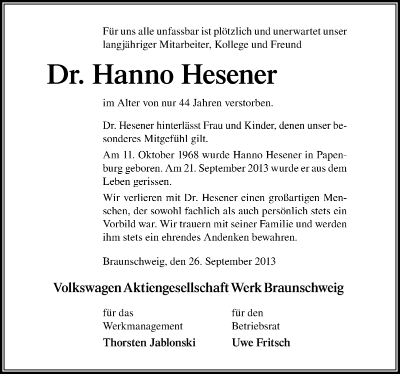  Traueranzeige für Hanno Hesener vom 26.09.2013 aus Neue Osnabrücker Zeitung GmbH & Co. KG