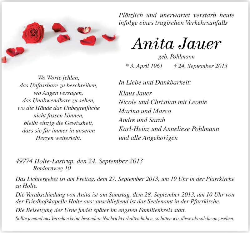  Traueranzeige für Anita Jauer vom 26.09.2013 aus Neue Osnabrücker Zeitung GmbH & Co. KG