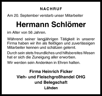 Traueranzeige von Hermann Schlömer von Neue Osnabrücker Zeitung GmbH & Co. KG
