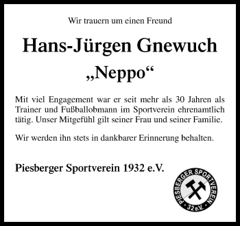 Traueranzeige von Hans-Jürgen Gnewuch von Neue Osnabrücker Zeitung GmbH & Co. KG