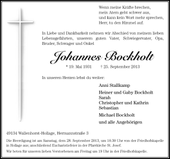 Traueranzeige von Johannes Bockholt von Neue Osnabrücker Zeitung GmbH & Co. KG