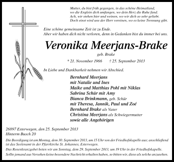 Traueranzeige von Veronika Meerjans-Brake von Neue Osnabrücker Zeitung GmbH & Co. KG