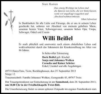 Traueranzeige von Willi Beißel von Neue Osnabrücker Zeitung GmbH & Co. KG