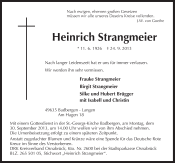 Traueranzeige von Heinrich Strangmeier von Neue Osnabrücker Zeitung GmbH & Co. KG