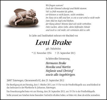 Traueranzeige von Leni Brake von Neue Osnabrücker Zeitung GmbH & Co. KG