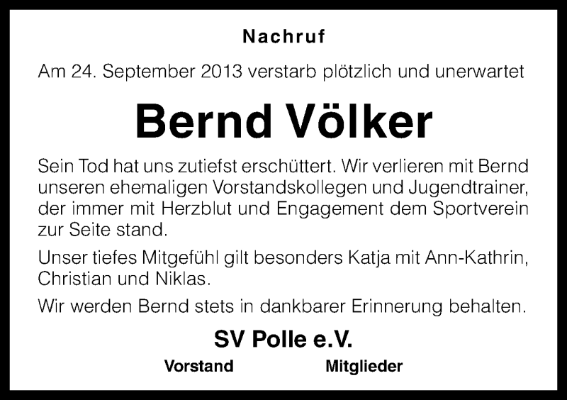  Traueranzeige für Bernd Völker vom 28.09.2013 aus Neue Osnabrücker Zeitung GmbH & Co. KG