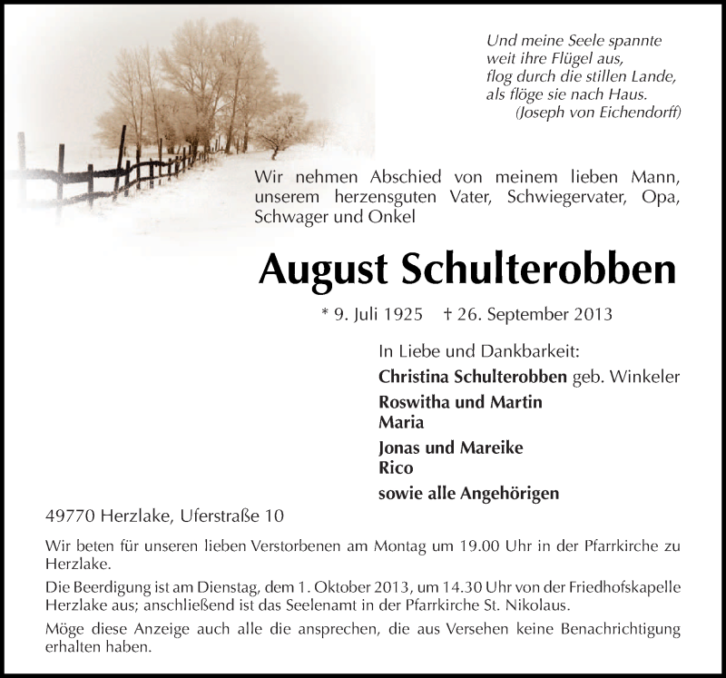  Traueranzeige für August Schulterobben vom 28.09.2013 aus Neue Osnabrücker Zeitung GmbH & Co. KG