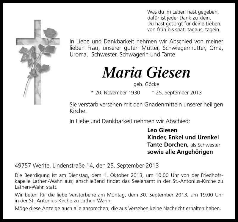 Traueranzeige für Maria Giesen vom 28.09.2013 aus Neue Osnabrücker Zeitung GmbH & Co. KG