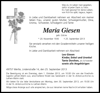 Traueranzeige von Maria Giesen von Neue Osnabrücker Zeitung GmbH & Co. KG