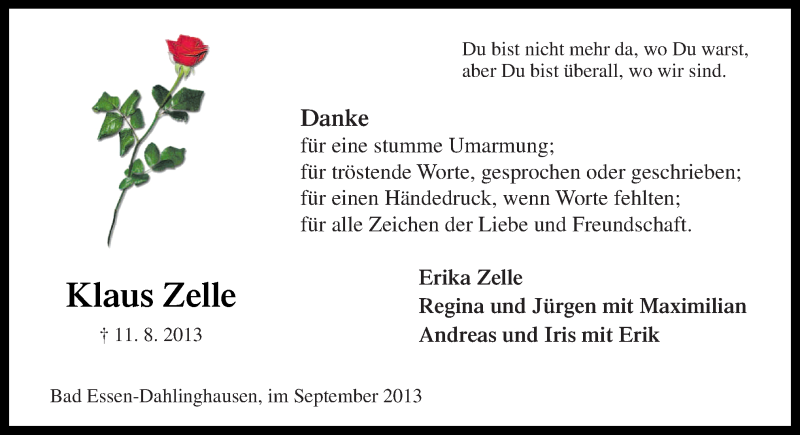  Traueranzeige für Klaus Zelle vom 28.09.2013 aus Neue Osnabrücker Zeitung GmbH & Co. KG
