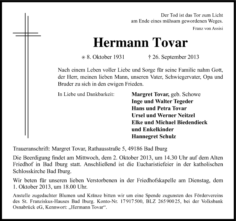  Traueranzeige für Hermann Tovar vom 28.09.2013 aus Neue Osnabrücker Zeitung GmbH & Co. KG