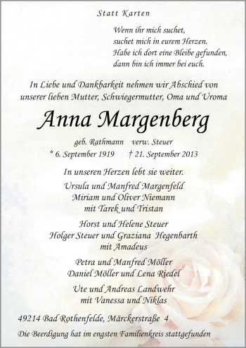 Traueranzeige von Anna Margenberg von Neue Osnabrücker Zeitung GmbH & Co. KG