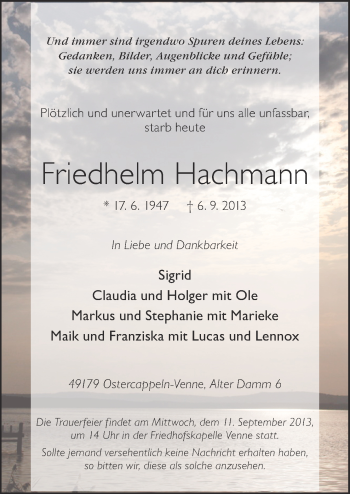 Traueranzeige von Friedhelm Hachmann von Neue Osnabrücker Zeitung GmbH & Co. KG