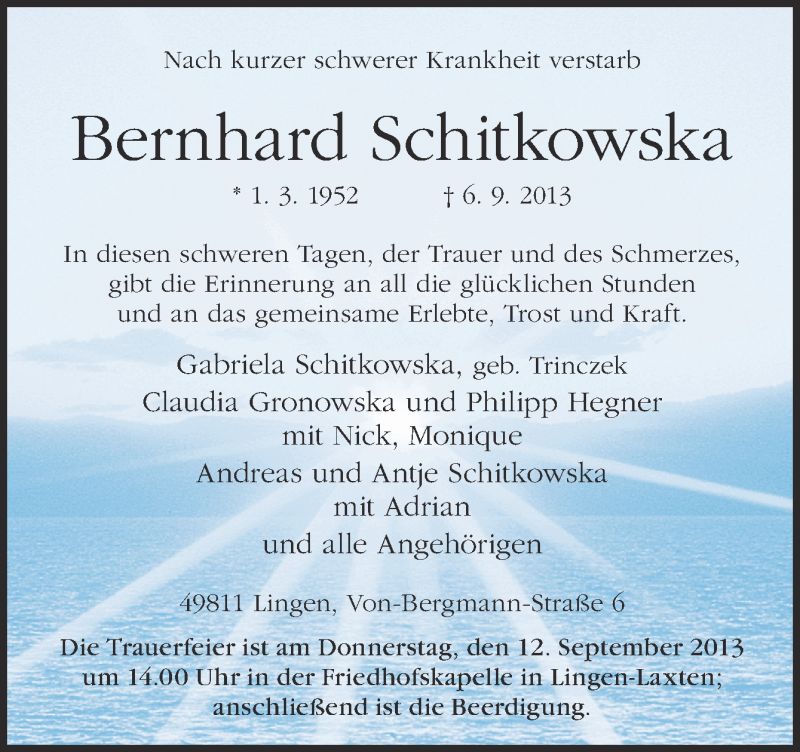  Traueranzeige für Bernhard Schitkowska vom 07.09.2013 aus Neue Osnabrücker Zeitung GmbH & Co. KG