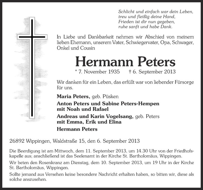  Traueranzeige für Hermann Peters vom 07.09.2013 aus Neue Osnabrücker Zeitung GmbH & Co. KG