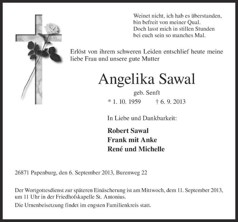 Traueranzeige für Angelika Sawal vom 07.09.2013 aus Neue Osnabrücker Zeitung GmbH & Co. KG