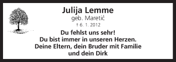 Traueranzeige von Julija Lemme von Neue Osnabrücker Zeitung GmbH & Co. KG