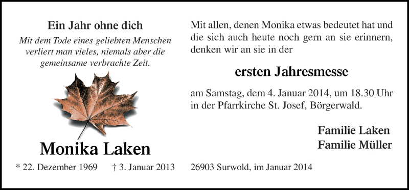  Traueranzeige für Monika Laken vom 03.01.2014 aus Neue Osnabrücker Zeitung GmbH & Co. KG