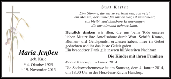 Traueranzeige von Maria Janßen von Neue Osnabrücker Zeitung GmbH & Co. KG