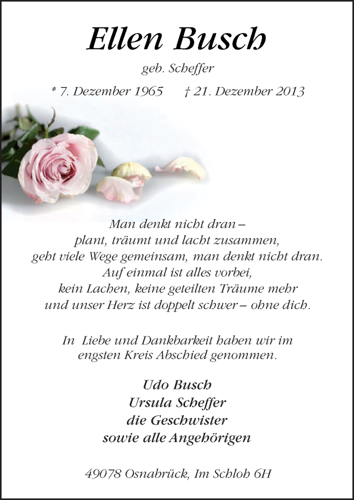  Traueranzeige für Ellen Busch vom 04.01.2014 aus Neue Osnabrücker Zeitung GmbH & Co. KG