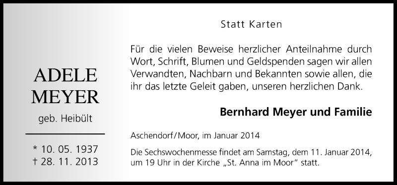  Traueranzeige für Adele Meyer vom 07.01.2014 aus Neue Osnabrücker Zeitung GmbH & Co. KG